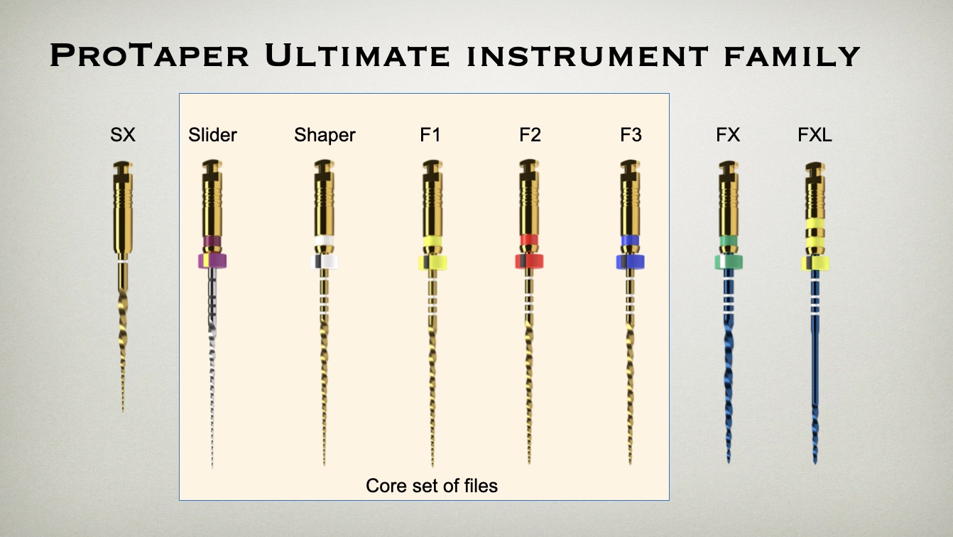 ProTaper Ultimate Files Enhanced metallurgy allows safe and efficient shaping of the root canal system for deep disinfection–without the use of any hand instrumentation in a large majority of cases. The files are also designed to be minimally invasive with a maximum fluted dimension of 1.0 mm in the core set of files.