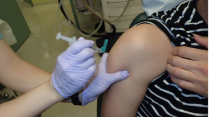 Stretch the skin for stabilization and insert the needle at a right angle to the skin. Inject the prescribed volume